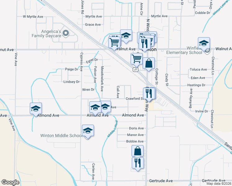 map of restaurants, bars, coffee shops, grocery stores, and more near 6665 Cali Avenue in Winton