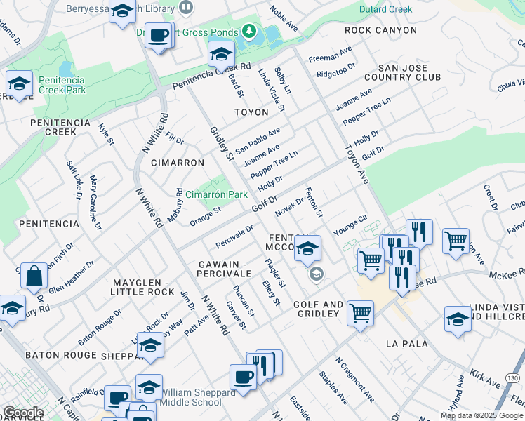 map of restaurants, bars, coffee shops, grocery stores, and more near 3296 Golf Dr in San Jose