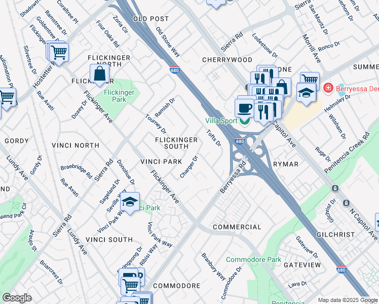 map of restaurants, bars, coffee shops, grocery stores, and more near 2201 Charger Drive in San Jose