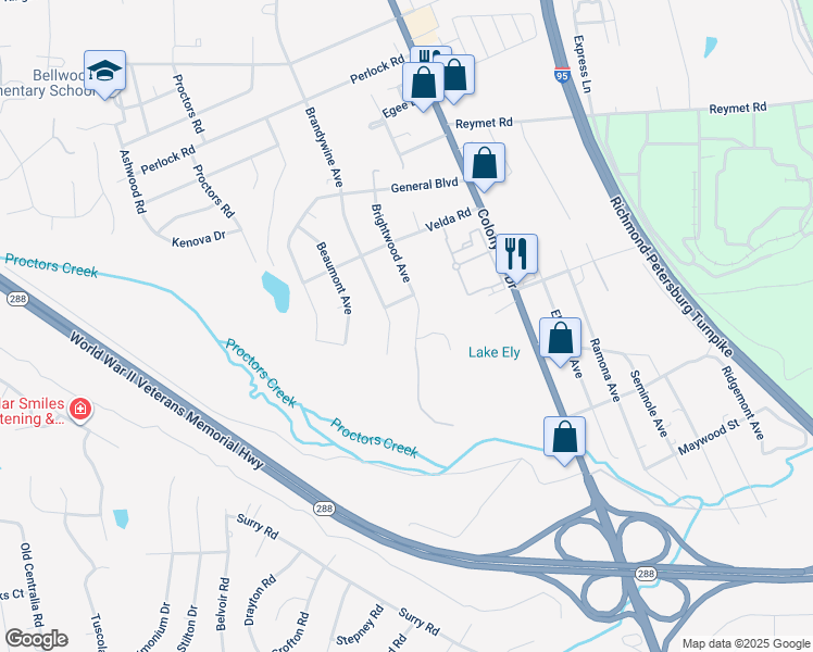 map of restaurants, bars, coffee shops, grocery stores, and more near 10228 Brightwood Avenue in Richmond
