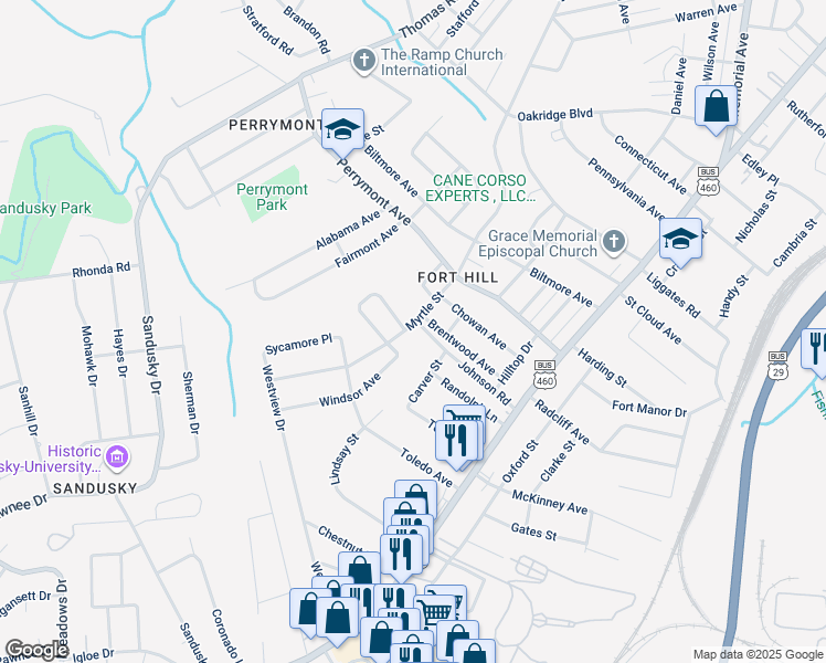 map of restaurants, bars, coffee shops, grocery stores, and more near 4702 Myrtle Street in Lynchburg