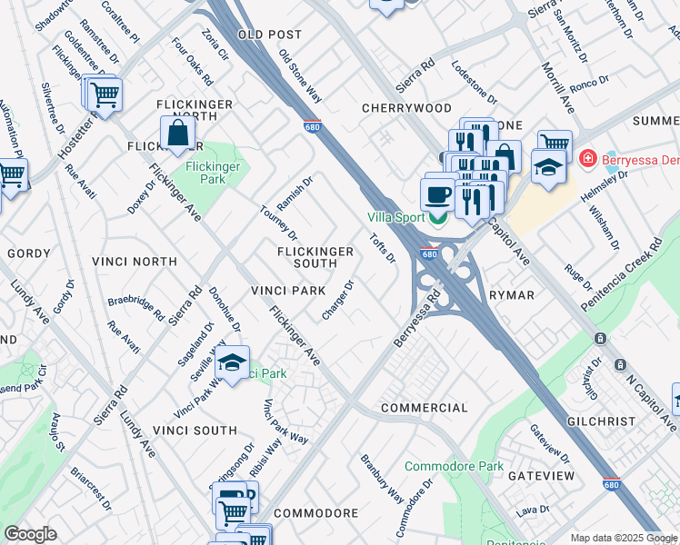 map of restaurants, bars, coffee shops, grocery stores, and more near 2201 Charger Drive in San Jose