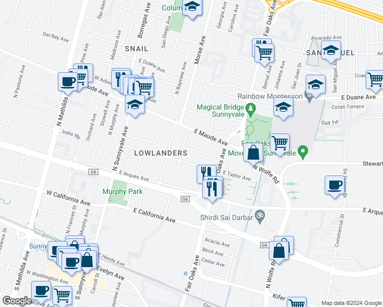 map of restaurants, bars, coffee shops, grocery stores, and more near 418 Roosevelt Avenue in Sunnyvale