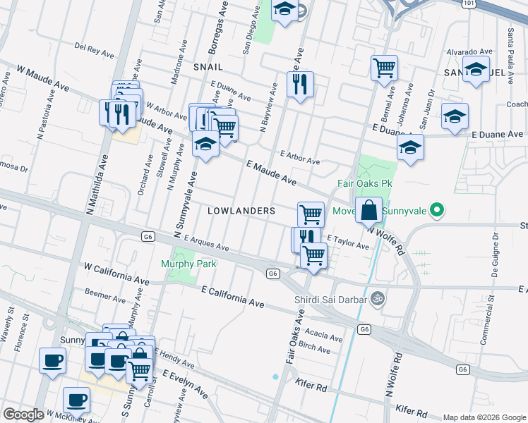 map of restaurants, bars, coffee shops, grocery stores, and more near 401 East Taylor Avenue in Sunnyvale