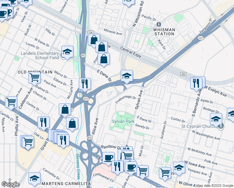 map of restaurants, bars, coffee shops, grocery stores, and more near 414 Foxborough Drive in Mountain View