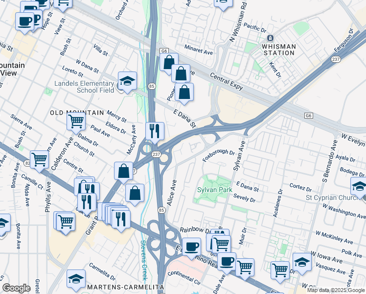 map of restaurants, bars, coffee shops, grocery stores, and more near 200 East Dana Street in Mountain View