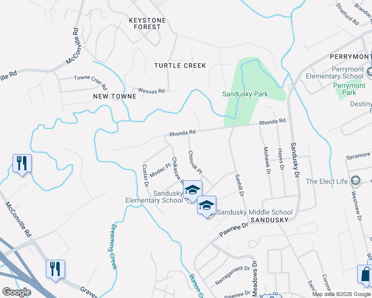map of restaurants, bars, coffee shops, grocery stores, and more near 715 Chinook Place in Lynchburg