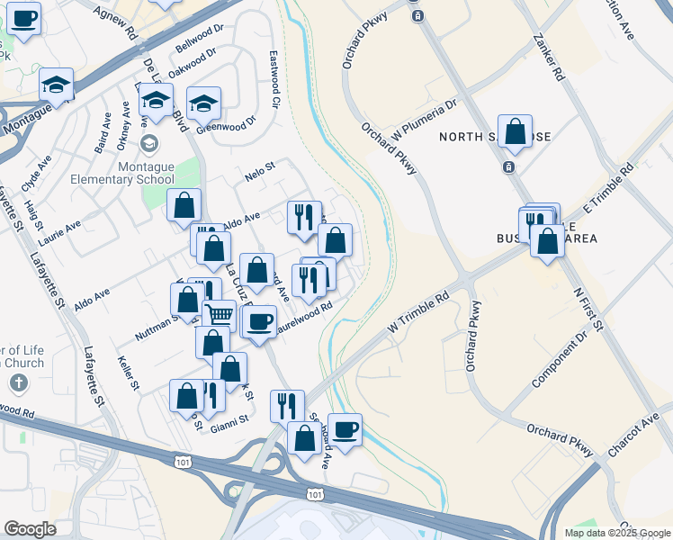 map of restaurants, bars, coffee shops, grocery stores, and more near 3250 Victor Street in Santa Clara
