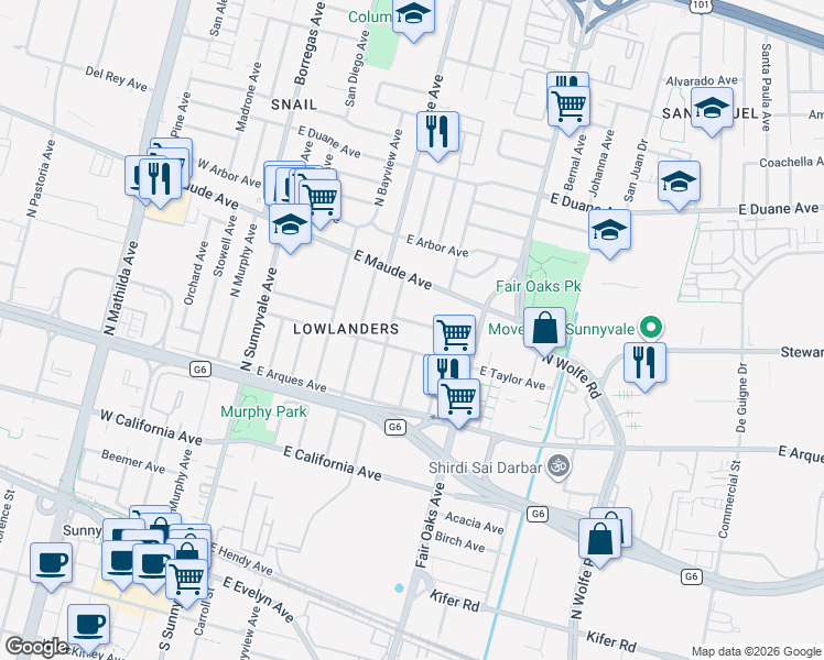 map of restaurants, bars, coffee shops, grocery stores, and more near 520 Columbia Avenue in Sunnyvale