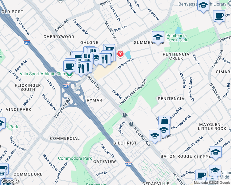 map of restaurants, bars, coffee shops, grocery stores, and more near 1027 Ruge Dr in San Jose