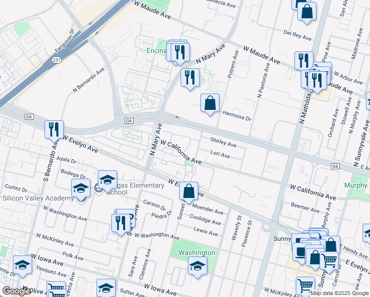 map of restaurants, bars, coffee shops, grocery stores, and more near 926 La Mesa Terrace in Sunnyvale