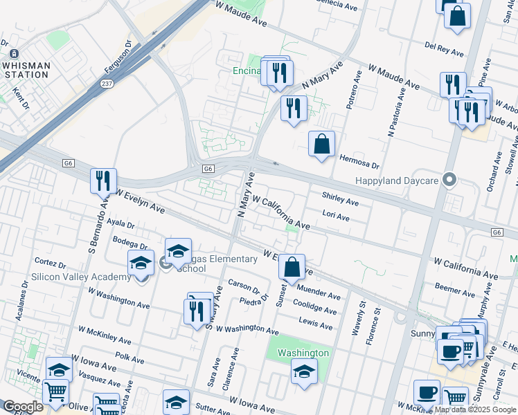 map of restaurants, bars, coffee shops, grocery stores, and more near 995 Belmont Terrace in Sunnyvale