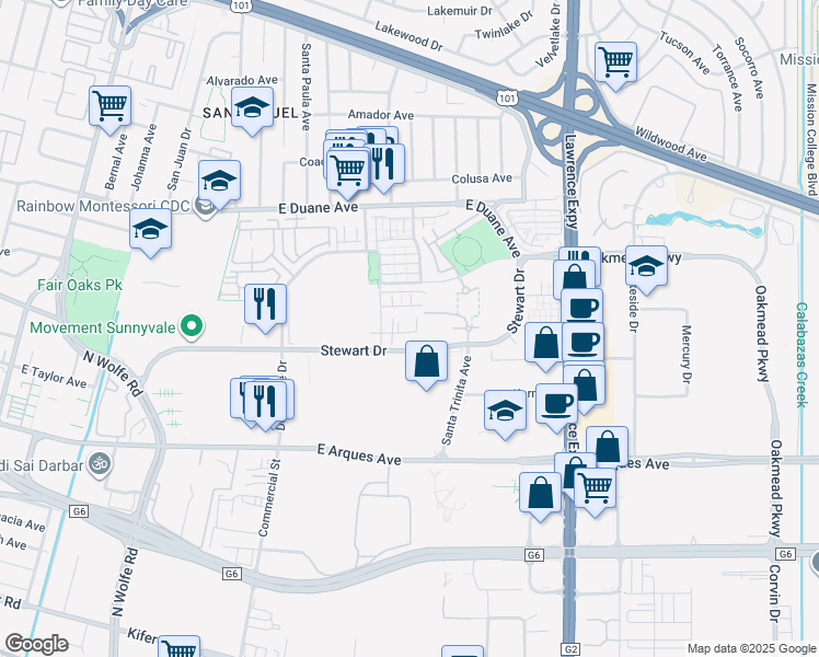 map of restaurants, bars, coffee shops, grocery stores, and more near 959 Stewart Drive in Sunnyvale
