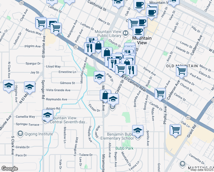 map of restaurants, bars, coffee shops, grocery stores, and more near 857 Sonia Way in Mountain View