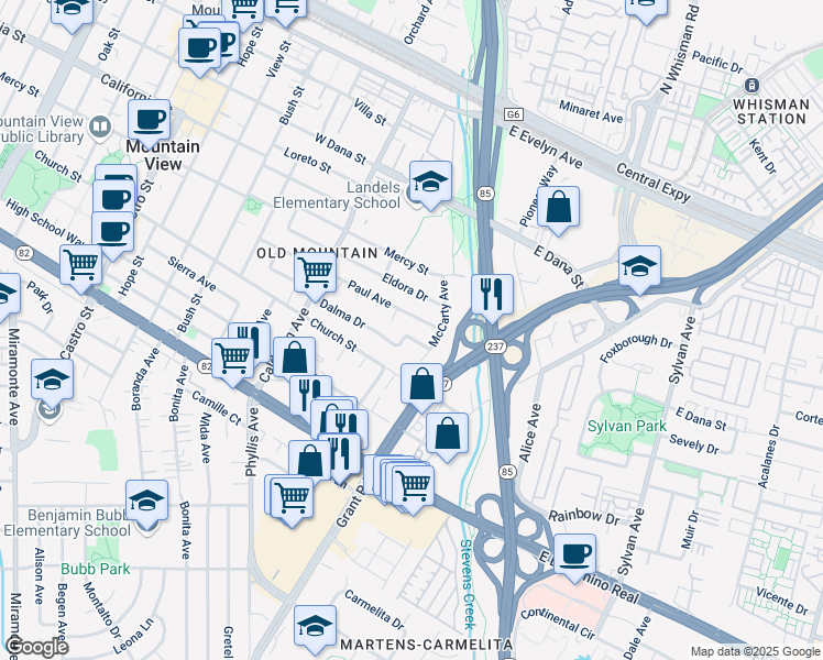 map of restaurants, bars, coffee shops, grocery stores, and more near 74 Dalma Drive in Mountain View