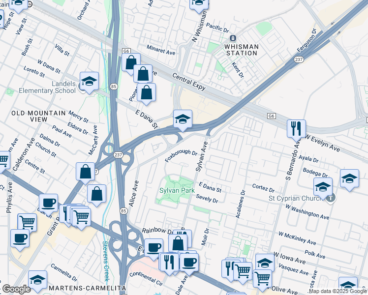 map of restaurants, bars, coffee shops, grocery stores, and more near 394 Foxborough Drive in Mountain View