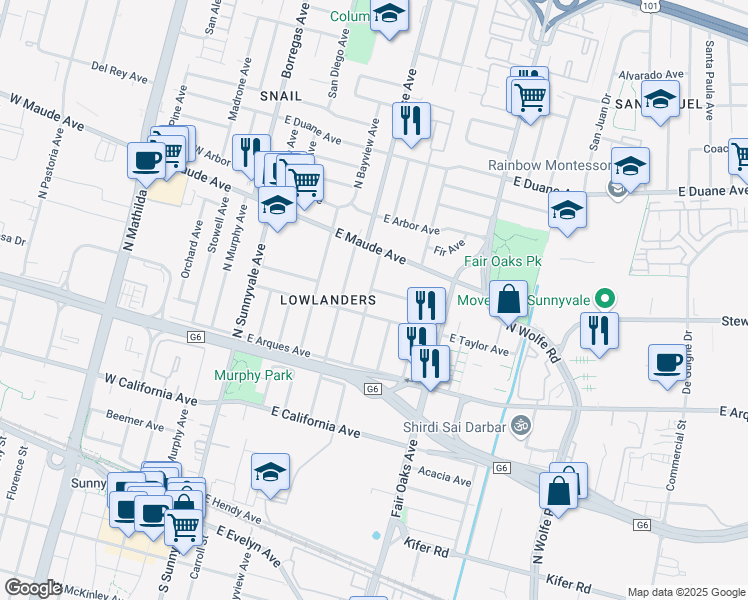 map of restaurants, bars, coffee shops, grocery stores, and more near 418 Roosevelt Avenue in Sunnyvale