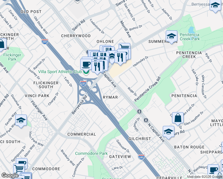 map of restaurants, bars, coffee shops, grocery stores, and more near 2586 Rymar Drive in San Jose