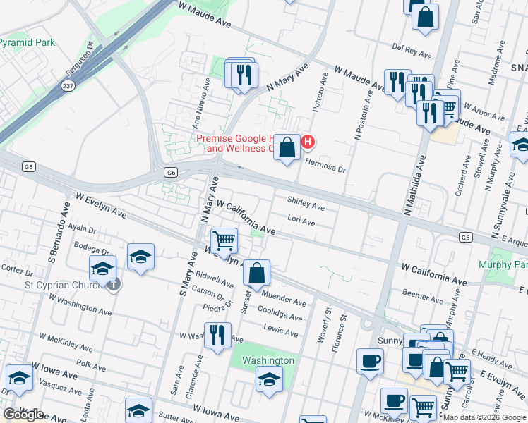map of restaurants, bars, coffee shops, grocery stores, and more near 935 La Mesa Terrace in Sunnyvale