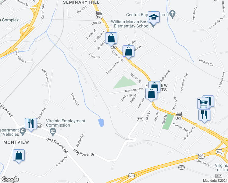 map of restaurants, bars, coffee shops, grocery stores, and more near 3208 Maryland Avenue in Lynchburg