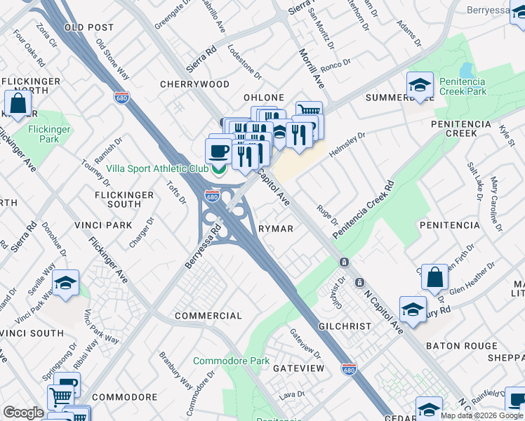 map of restaurants, bars, coffee shops, grocery stores, and more near 2586 Rymar Drive in San Jose