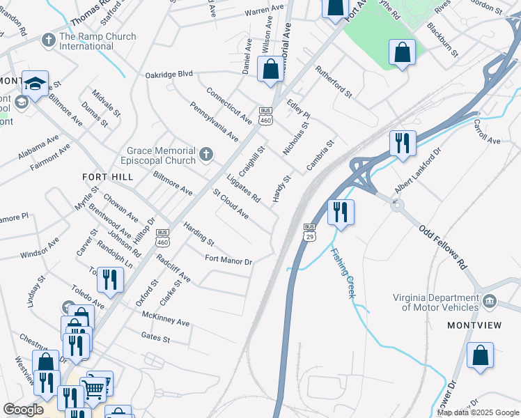 map of restaurants, bars, coffee shops, grocery stores, and more near 1365 Liggates Road in Lynchburg