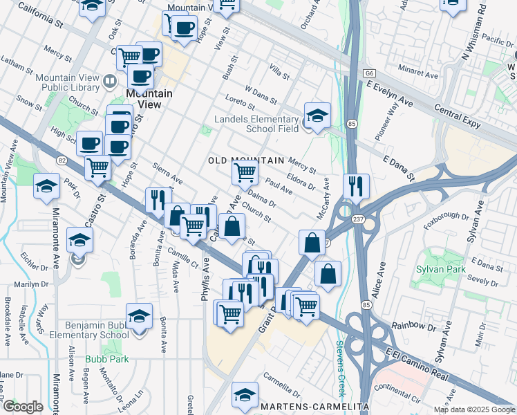 map of restaurants, bars, coffee shops, grocery stores, and more near 88 Church Street in Mountain View