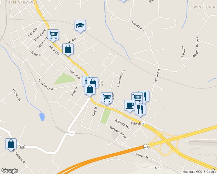 map of restaurants, bars, coffee shops, grocery stores, and more near 1725 Texas Ave in Lynchburg
