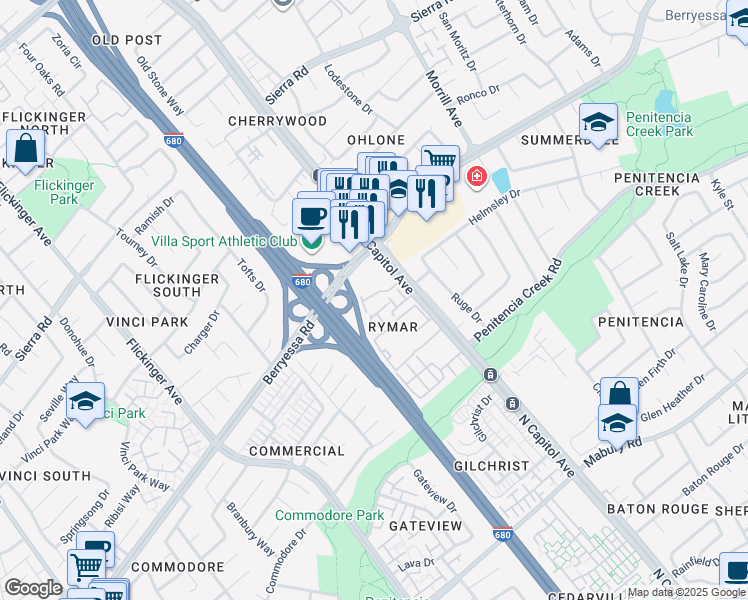 map of restaurants, bars, coffee shops, grocery stores, and more near 2586 Rymar Drive in San Jose