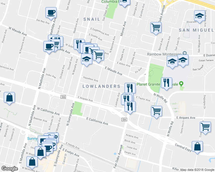 map of restaurants, bars, coffee shops, grocery stores, and more near 401 East Taylor Avenue in Sunnyvale