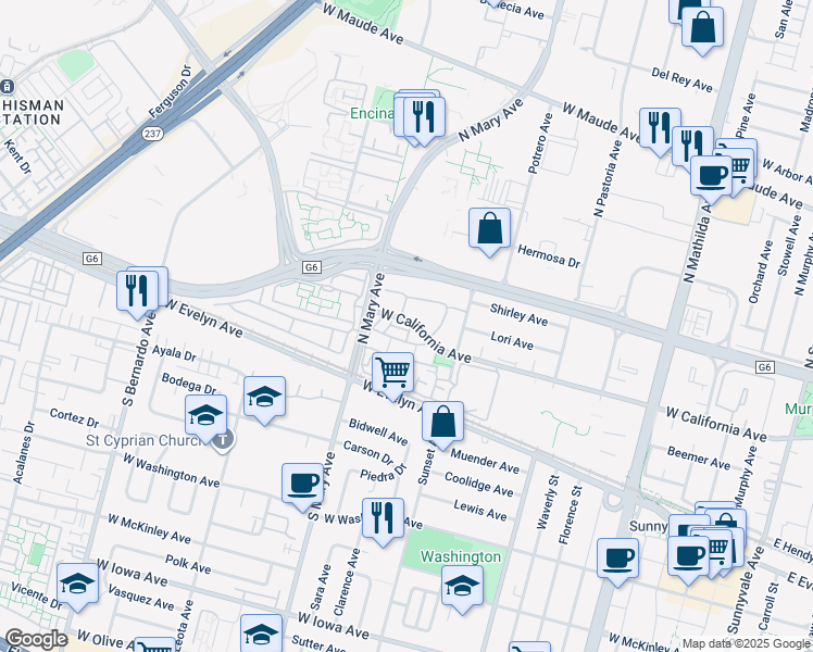 map of restaurants, bars, coffee shops, grocery stores, and more near 995 Belmont Terrace in Sunnyvale