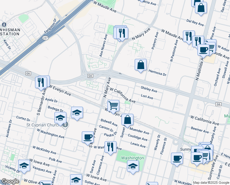 map of restaurants, bars, coffee shops, grocery stores, and more near 995 Belmont Terrace in Sunnyvale