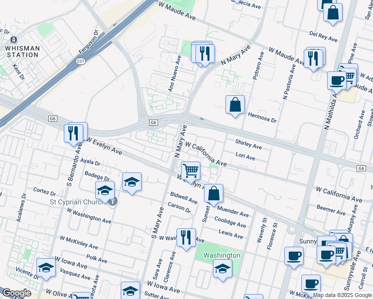 map of restaurants, bars, coffee shops, grocery stores, and more near 995 Belmont Terrace in Sunnyvale