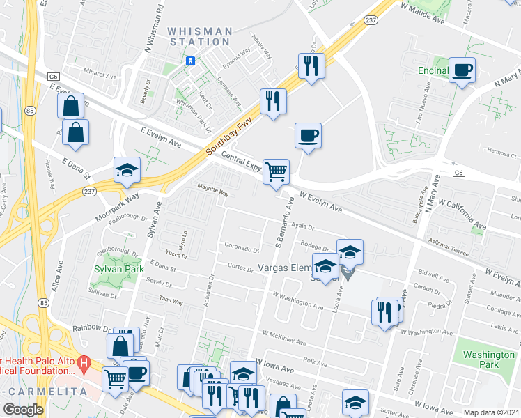 map of restaurants, bars, coffee shops, grocery stores, and more near 1257 Ayala Drive in Sunnyvale
