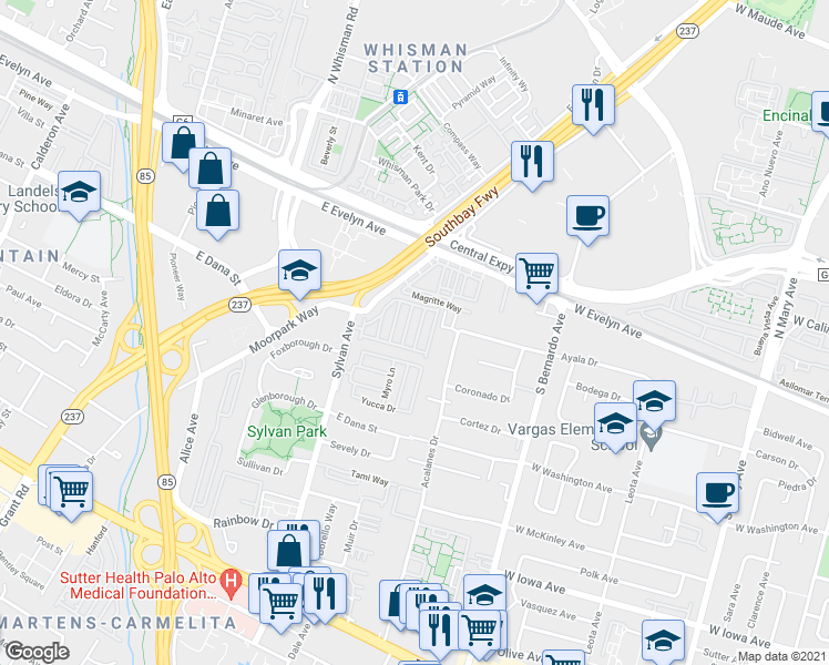 map of restaurants, bars, coffee shops, grocery stores, and more near 325 Sylvan Avenue in Mountain View