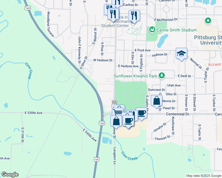 map of restaurants, bars, coffee shops, grocery stores, and more near 100-102 West Mead Street in Pittsburg