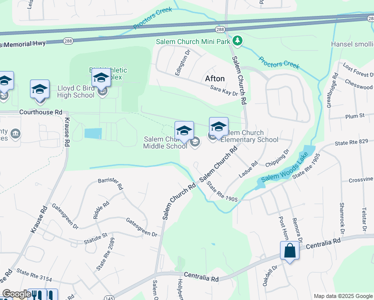 map of restaurants, bars, coffee shops, grocery stores, and more near 9600 Salem Church Road in Richmond