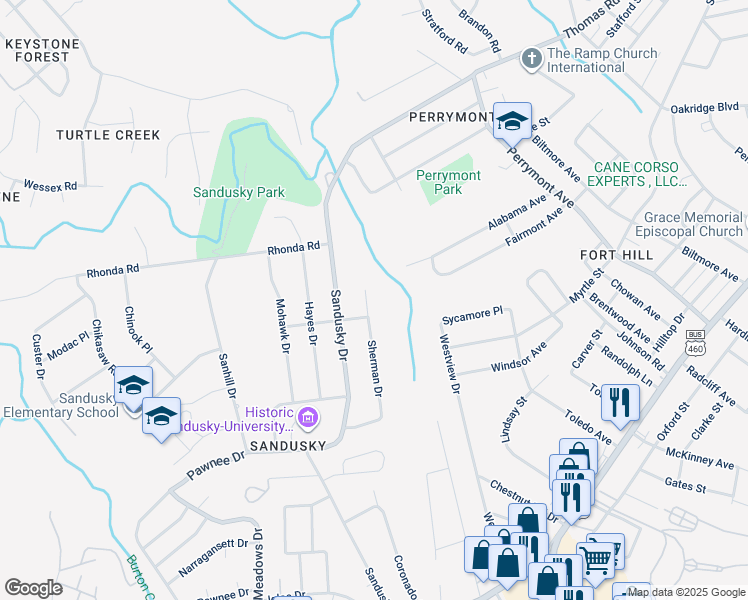 map of restaurants, bars, coffee shops, grocery stores, and more near 628 Sherman Drive in Lynchburg