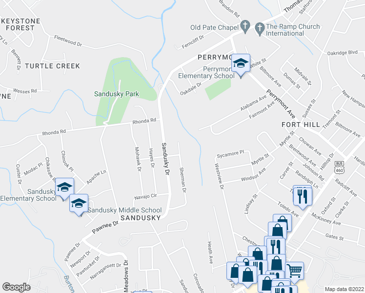 map of restaurants, bars, coffee shops, grocery stores, and more near 628 Sherman Drive in Lynchburg