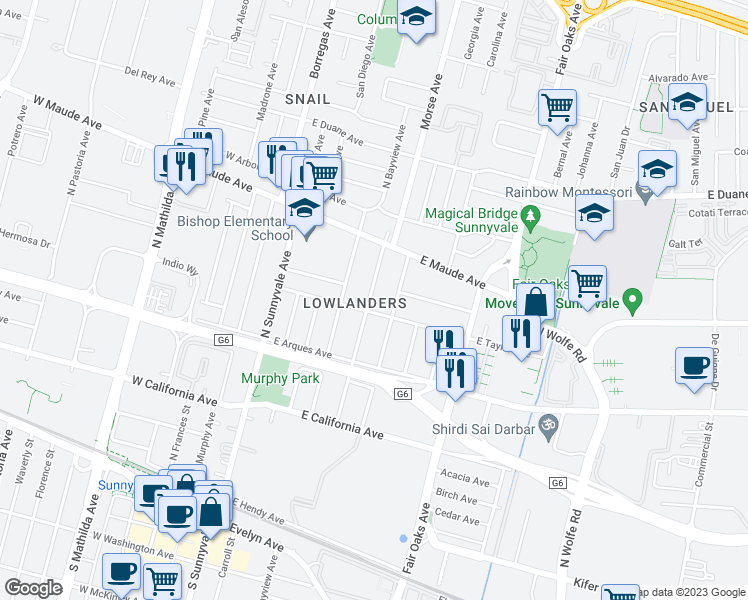 map of restaurants, bars, coffee shops, grocery stores, and more near 416 Morse Avenue in Sunnyvale