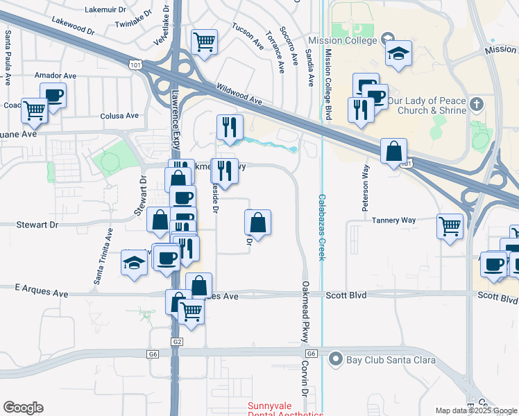 map of restaurants, bars, coffee shops, grocery stores, and more near 528 Mercury Dr in Sunnyvale