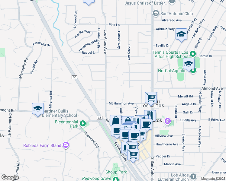 map of restaurants, bars, coffee shops, grocery stores, and more near 271 Stratford Place in Los Altos