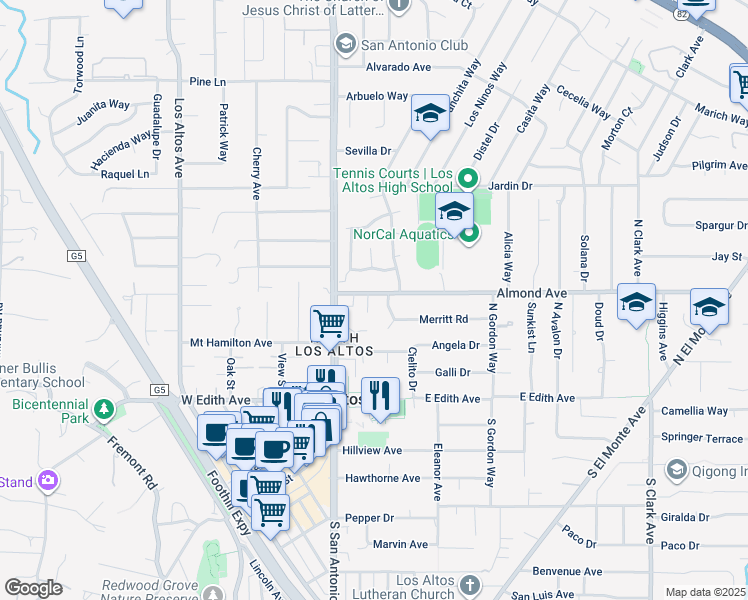 map of restaurants, bars, coffee shops, grocery stores, and more near 185 Beverly Lane in Los Altos