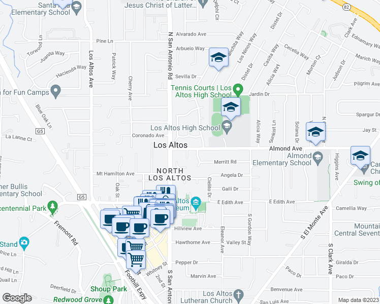 map of restaurants, bars, coffee shops, grocery stores, and more near 185 Beverly Lane in Los Altos