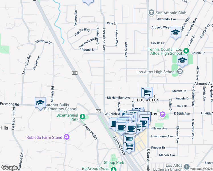 map of restaurants, bars, coffee shops, grocery stores, and more near 170 Los Altos Avenue in Los Altos