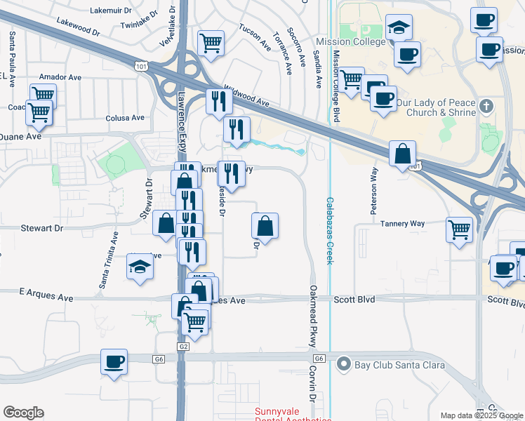map of restaurants, bars, coffee shops, grocery stores, and more near 528 Mercury Drive in Sunnyvale