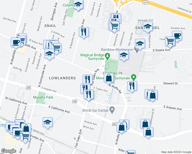 map of restaurants, bars, coffee shops, grocery stores, and more near 466 North Fair Oaks Avenue in Sunnyvale