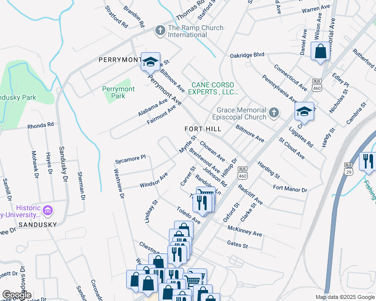 map of restaurants, bars, coffee shops, grocery stores, and more near 901 Brentwood Avenue in Lynchburg