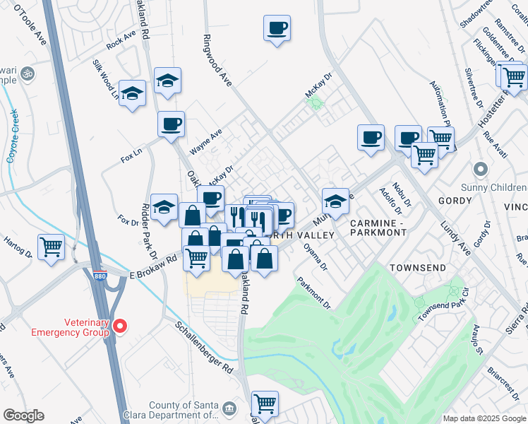 map of restaurants, bars, coffee shops, grocery stores, and more near 1298 Oak Lake Court in San Jose