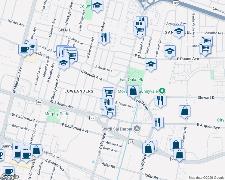 map of restaurants, bars, coffee shops, grocery stores, and more near 460 North Fair Oaks Avenue in Sunnyvale
